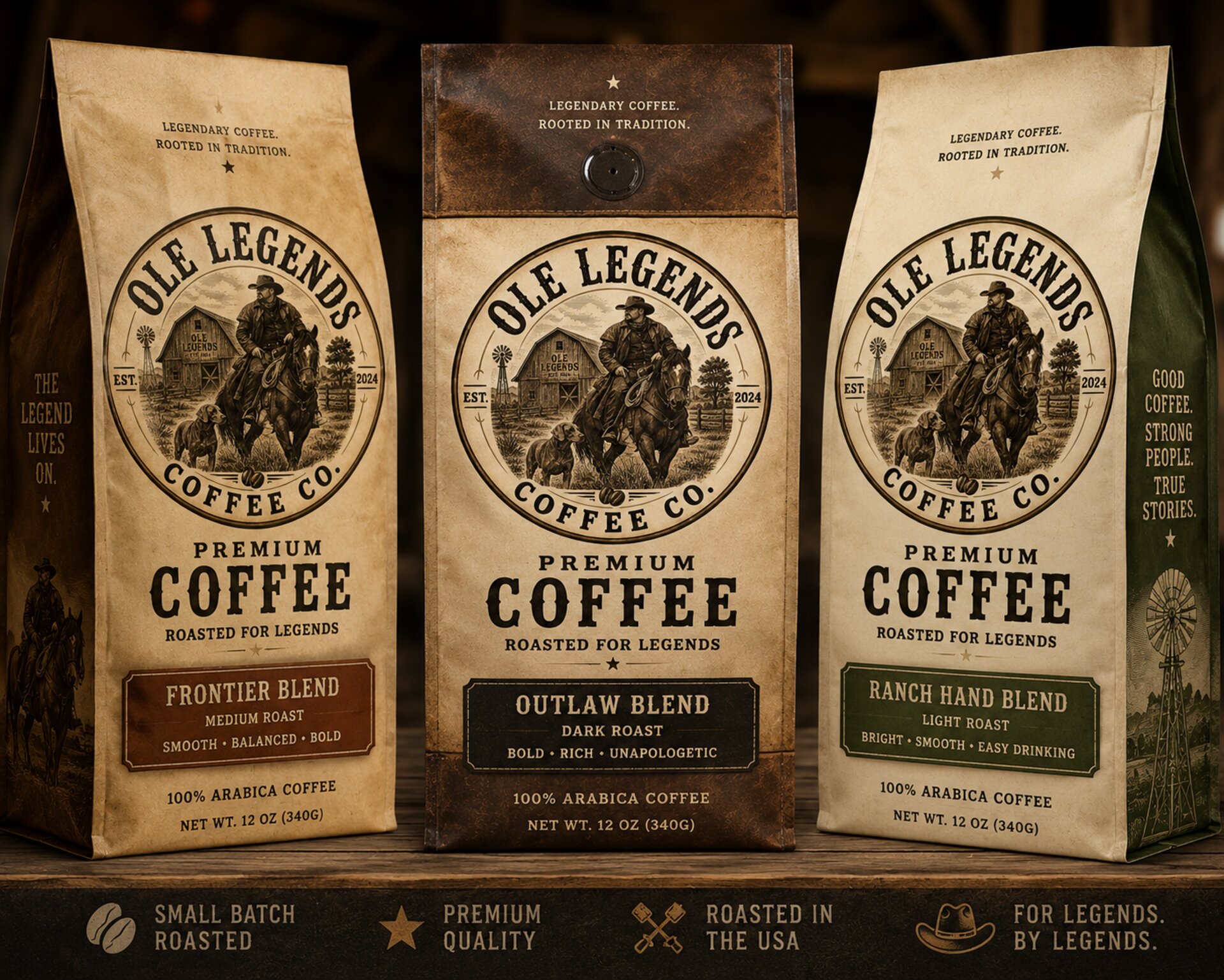 Three bags of Ole Legends Coffee — Frontier Blend, Outlaw Blend, and Ranch Hand Blend — on a wooden shelf